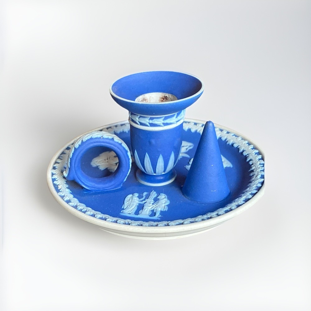 Antique Blue Wedgwood Jasperware Chamber Stick Candlestick Candle Holder *READ*